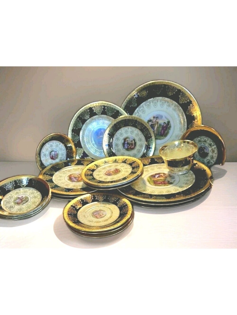 Angelica Kauffman Art ~Black & Gold Dinnerware 22K Gold Trim 28pcs Read